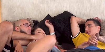 Cute doll is cuddling with her college mates in a 3some