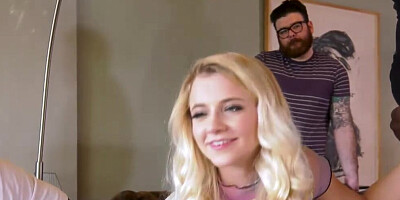 Cuckold watches while his blonde GF is fucked by two guys
