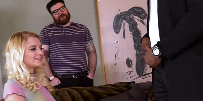 Cuckold watches while his blonde GF is fucked by two guys