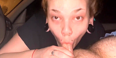 Slutty Redhead gives Sloppy Head in Public.