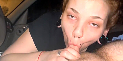 Slutty Redhead gives Sloppy Head in Public.
