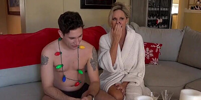 Cougar loses a game and gives a sloppy blowjob to her stepson