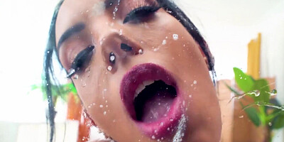 Katrina Moreno is licking her own spit on the shower cabin glass