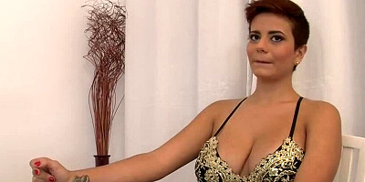 Short-haired MILF Alejandra Omaña sucks a dick and rides it cowgirl style