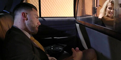 Blonde taxi driver coaxes passenger to masturbate in her car