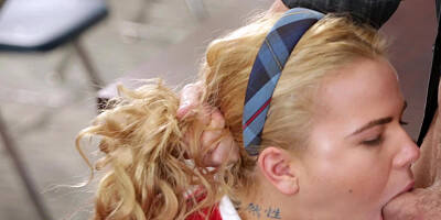 A blonde with a sexy smile is doing hardcore fucking on the desk