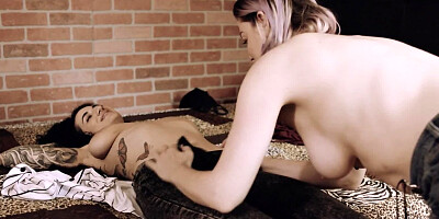 Tattooed brunette with nose piercing is into sex with hot MILF