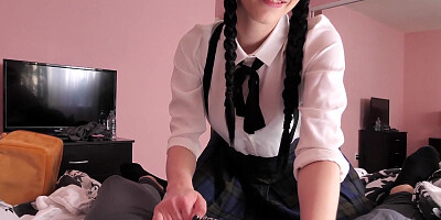 Cute schoolgirl with pigtails loves being naughty and seducing her stepbrother
