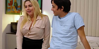 Chubby blonde in lingerie enjoying pussy fucking sex with her best friend's son