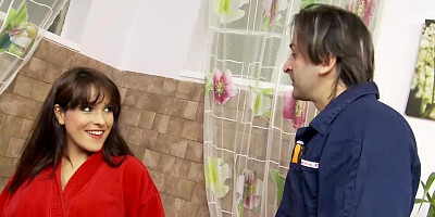 Amazing housewife seduces repairman and fucks with him like crazy