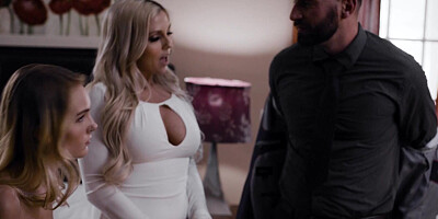 Blonde MILF and her stepdaughter are sharing their handsome neighbor in a threesome