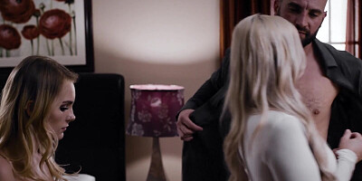 Blonde MILF and her stepdaughter are sharing their handsome neighbor in a threesome