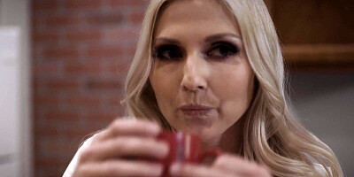 Blonde MILF and her stepdaughter are sharing their handsome neighbor in a threesome