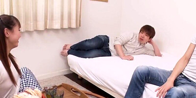 Cute Japanese doll is having fun with her two cute college buds