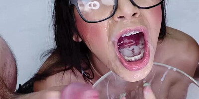 Babe with glasses Mia Marin is a big fan of sperm drinking