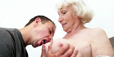 Slutty grandma sucks hard dick and gets fucked sideways style