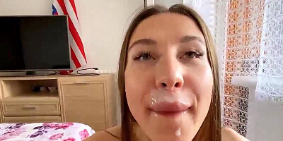 Pretty girl swallows some jizz after being fucked from behind