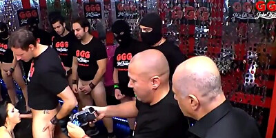 Cock-hungry MILF blows many guys and swallows so much spunk