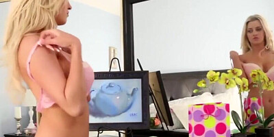 Blond stepmom licking perfect tits before lesbian sex