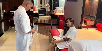 Hot milf goes to a women-only massage parlor and gets a hard fuck with lots of anal sex