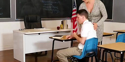 MILF Ryan Keely seduces student and rides him in the classroom