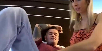 Blonde MILF gives handjob to her stepson and rides his dick