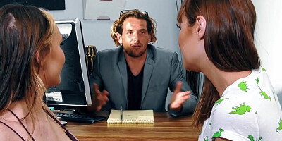 Handsome manager has threeway intercourse with two hot office babes