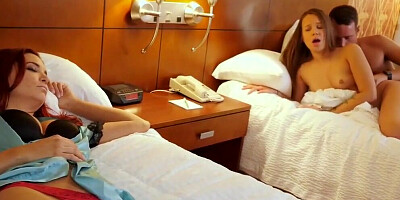 Petite girl and her stepbrother are fucking in the hotel room