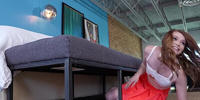 Lovely babe is riding her neighbor's hard prick on the balcony