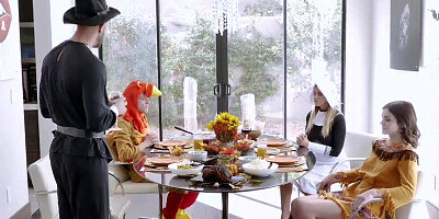 MILF and stepdaughter are having a Thanksgiving orgy with some guys