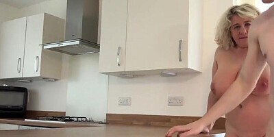 Curvy mature woman sucks a cock and gets fucked sideways