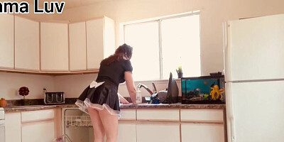 Client Spys on French Maid while She Washes Dishes and Gets Caught!!!
