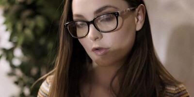 Nerdy college girl with glasses is sucking off her jock stepbro