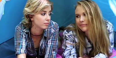 TWo blondes and two campers are having wild foursome in the woods