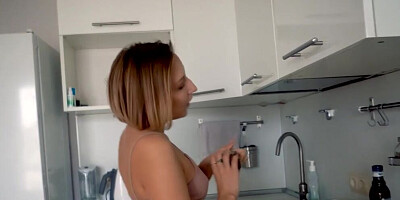 Short-haired babe strokes a cock with feet and gets fucked