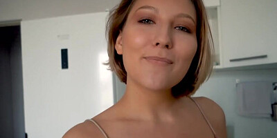 Short-haired babe strokes a cock with feet and gets fucked