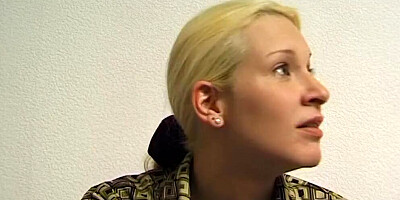 Shy blonde gets naked and rubs her pussy at the porn casting