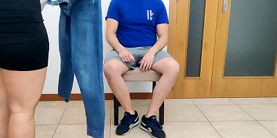 Milf gets horny measuring clothes and gives an amazing blowjob