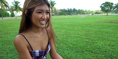 Asian cutie is impaled on a big white cock and fucked hard