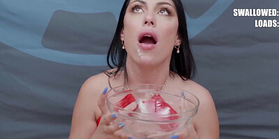 Cum thirsty brunette swallows a lot of semen at this bukkake party