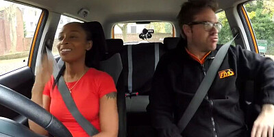 Fake Driving School Ebony Learner with Big Tits is Worst Driver yet