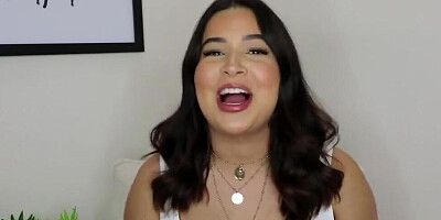 Chubby brunette girl is trying on different outfits on webcam