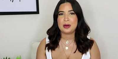 Chubby brunette girl is trying on different outfits on webcam