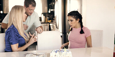 Cougar wife and her husband are teaching their foster daughter about oral sex