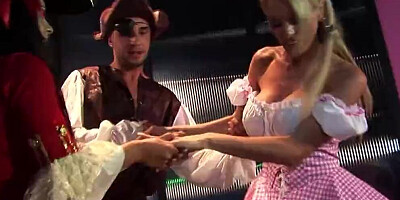 Busty blonde milf Stacey Saran is getting her asshole fucked hard in an amazing group anal sex action