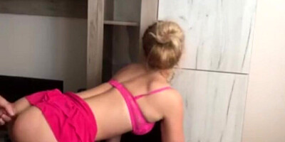 Blonde girl is pulled by the hair while being fucked in the ass