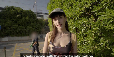 Amateur brunette was picked up by a tattooed hunk for blowjob and sex in public