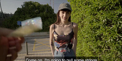 Amateur brunette was picked up by a tattooed hunk for blowjob and sex in public