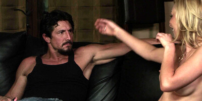 A blonde with pointy nipples is giving a blow job to her partner