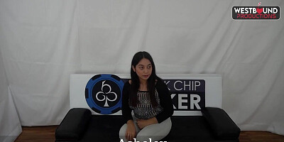 Amateur Latina gal squirts from dildo at porn casting